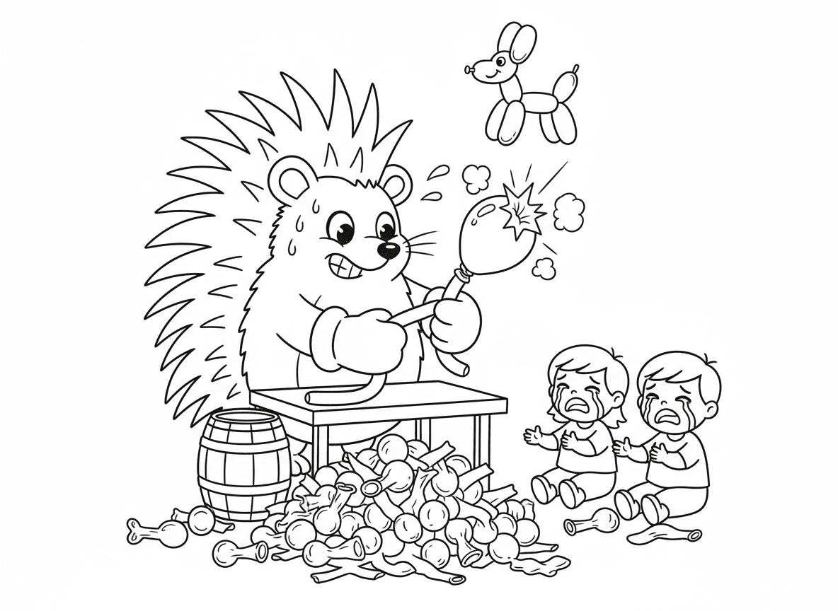 קיפוד אמן בלונים - קיפוד מנסה לעשות חיות מבלונים אבל כל הזמן מפוצץ אותם, ערימת בלונים פקועים, ילדים בוכים, קיפוד נחוש עם כפפות, ובלון אחד מוצלח ששרד איכשהו