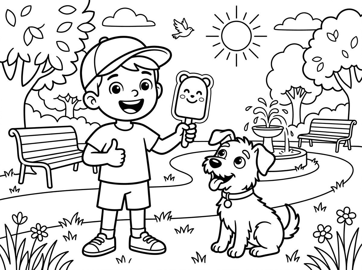 ילד קטן עם כובע מצחייה וחולצת טריקו, מחזיק גאה גלידה על מקל בצורת מדבקה מחייכת, חיוך ענק על פניו. ביד השנייה הוא מרים אגודל למעלה, ולידו כלב קטן מביט בגלידה בתשוקה. ברקע פארק עם ספסלים, עצים ומזרקה, יום קיץ חם ושמשי.