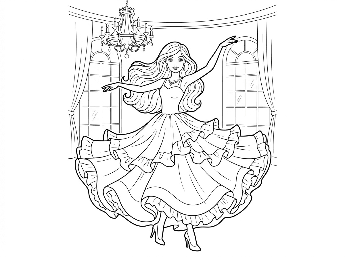 ברבי רוקדת בסיבוב עם שמלת מלמלה ארוכה ומתנופפת, השמלה מתפזרת סביבה בתנועה מעגלית יפהפייה. שיערה הארוך מתנופף ברוח, נעלי עקב אלגנטיות ותכשיטים עדינים. ברקע אולם נשפים עם נברשת וחלונות גדולים.