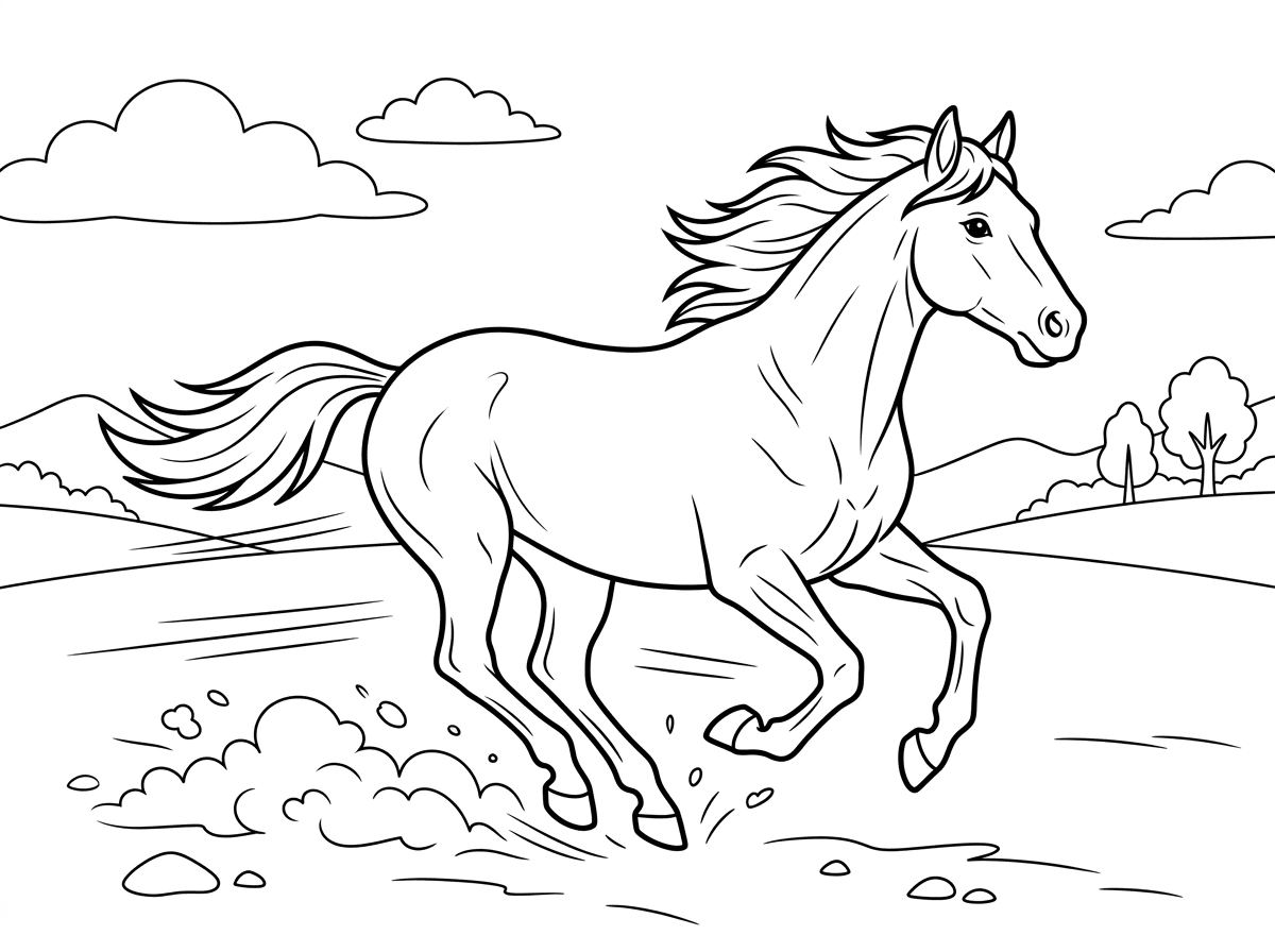 סוס אצילי בדהירה מלאה, כל ארבע רגליו באוויר ברגע אחד מושלם של תנועה. הרעמה והזנב מתנופפים מאחוריו ברוח, והשרירים מתוחים בדינמיות. סגנון ציור דרמטי עם קווי תנועה חזקים, רקע של שדה פתוח ואבק שנישא.