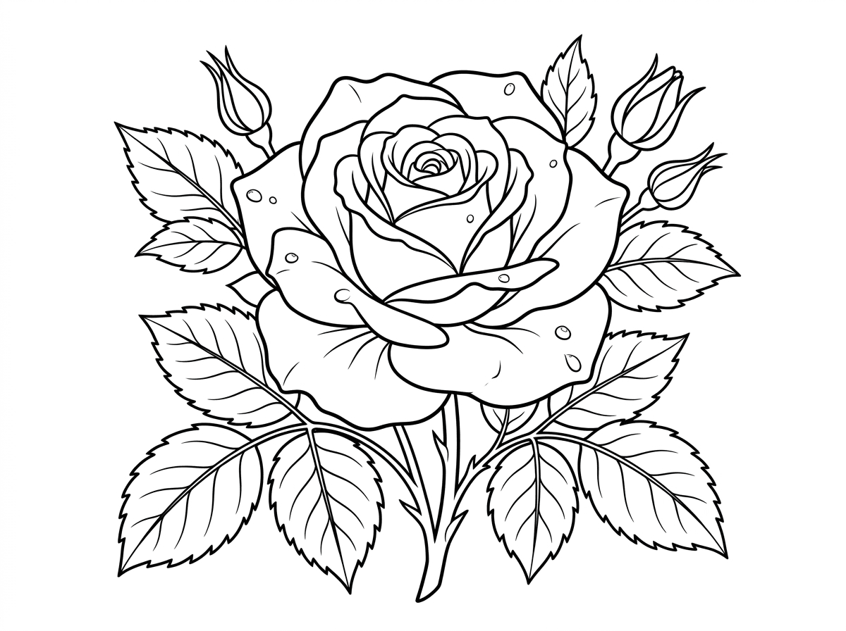 ורד גדול ומפואר במרכז הדף עם שכבות רבות של עלי כותרת מסתלסלים בעדינות, כל שכבה מציגה קפלים ועיטורים טבעיים. סביב הוורד מסתעפים עלים משוננים עם גידים ברורים, וטיפות טל קטנות נחות על הכותרת. הסגנון מפורט ואלגנטי עם קווי מתאר ברורים ושטחים גדולים לצביעה.