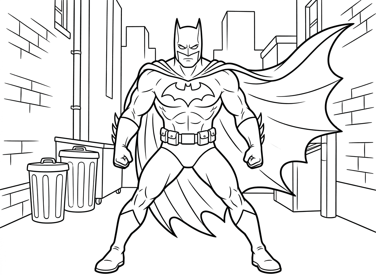 באטמן בתנוחת כוח עם שרירים בולטים, אגרופים קמוצים ורגליים פשוקות בעמידה יציבה. חזהו רחב עם סמל העטלף הבולט, זרועותיו חזקות וגלימתו מתנופפת מאחוריו ברוח, על רקע אורבני של סמטה חשוכה.
