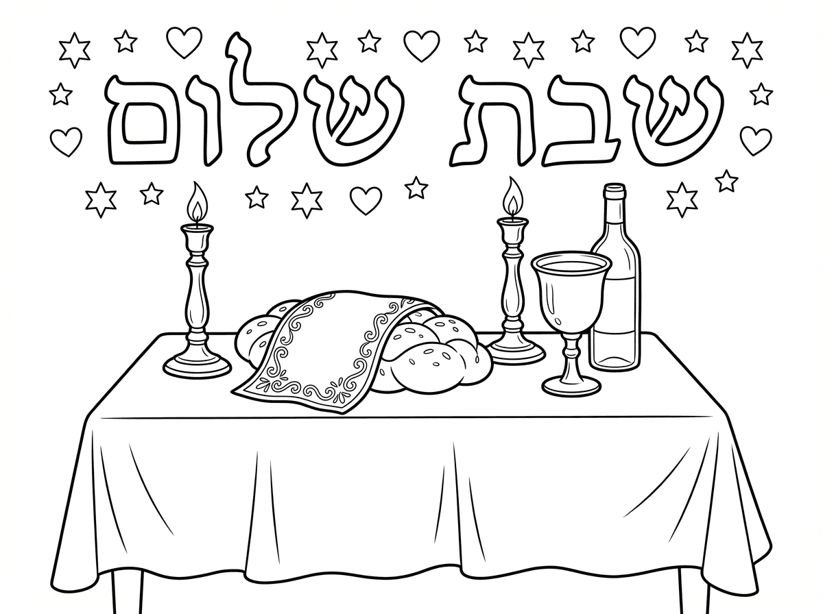 שולחן שבת מהודר עם מפה לבנה, שתי חלות מכוסות במפית מרוקמת, שני פמוטי כסף עם נרות דולקים, גביע קידוש מכסף מלא יין, ובקבוק יין. הכיתוב ""שבת שלום"" באותיות מעוצבות למעלה, מסגרת של כוכבים ולבבות. סגנון מסורתי חם ומזמין עם פרטים מפוארים.