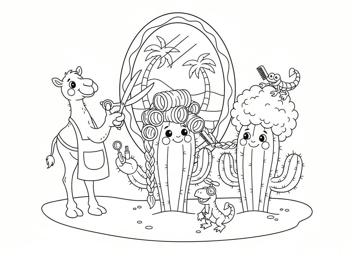 מספרה לקקטוסים במדבר - קקטוסים מקבלים תסרוקות שונות מהקוצים שלהם, גמל כספר, לטאה כמניקוריסטית, עשב מדבר כרולים לשיער, עקרב עם מסרק זעיר, ומראה עשויה ממראה מדבר