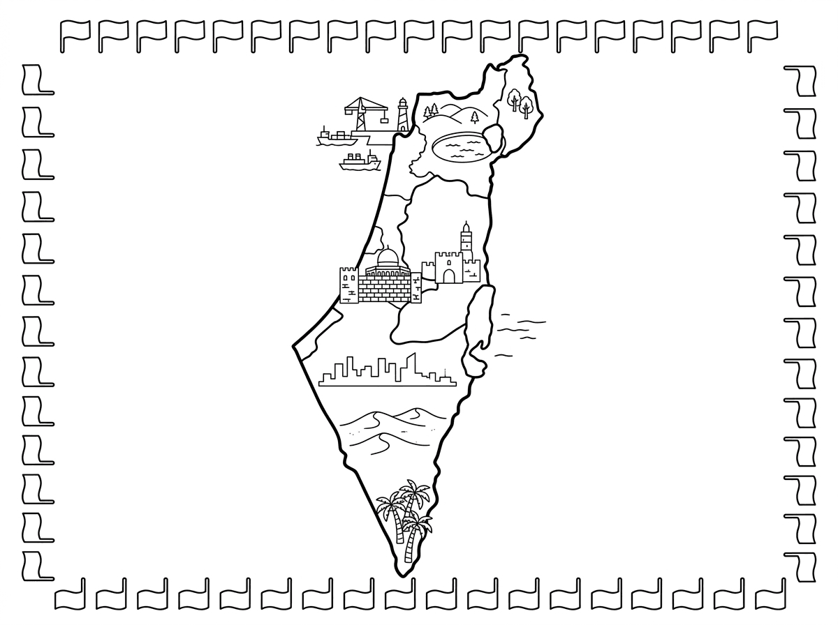 מפת ארץ ישראל עם קווי מתאר ברורים, ובתוכה סמלים של אתרים ידועים: כותל המערבי בירושלים, מגדל דוד, ים המלח, הכנרת, עצי דקל באילת, ונמל חיפה. כל אזור עם ציורים אופייניים, ומסביב למפה מסגרת של דגלונים.