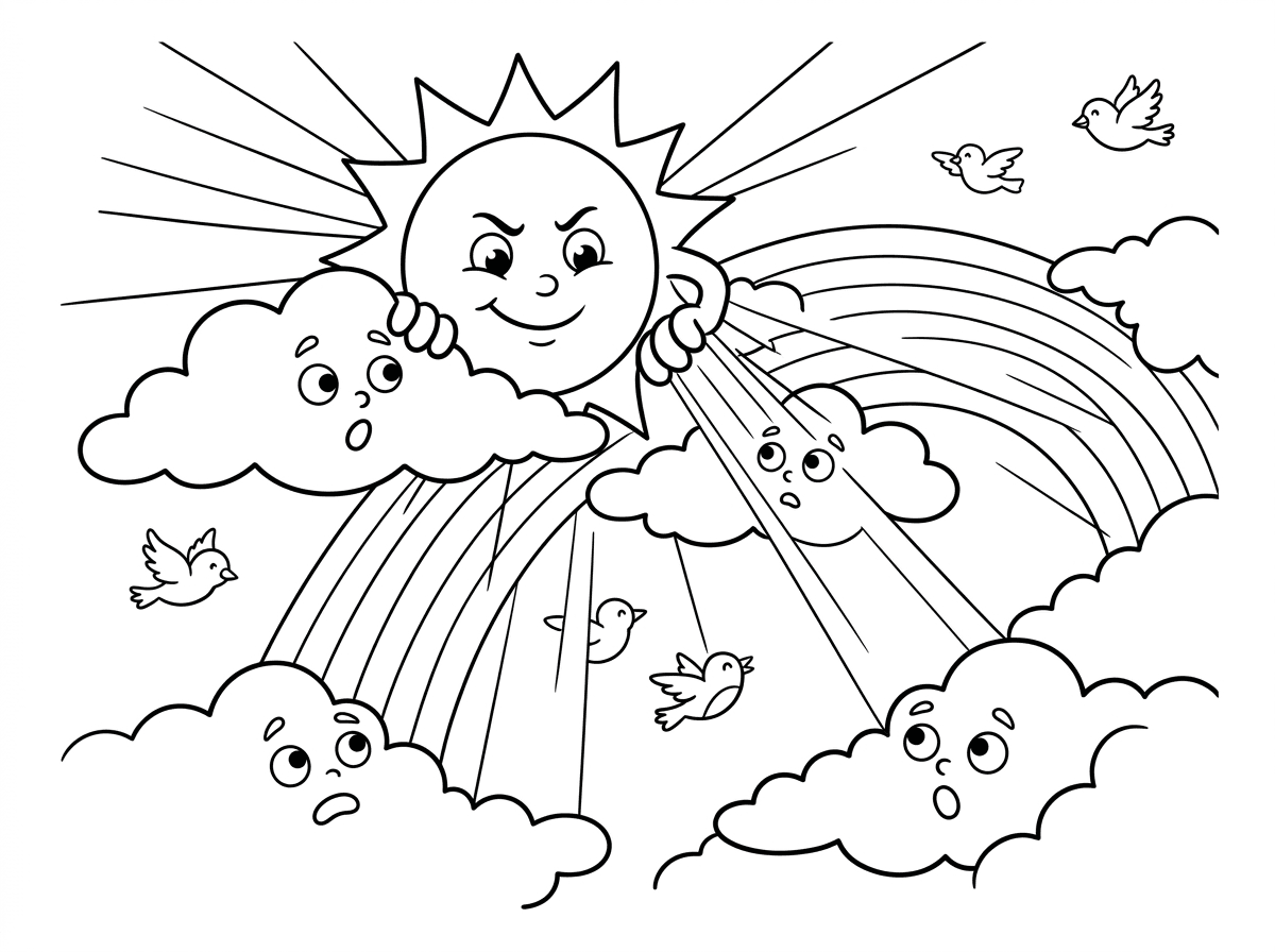 שמש גדולה וחזקה עם פנים נחושות ומחייכות, דוחפת בקרניה החזקות עננים לצדדים ומנקה את השמיים. העננים נסחפים הצידה עם פנים מופתעות, וקרני השמש חודרות דרכם כאלומות אור. ברקע קשת בענן (לא צבועה) מתחילה להיראות, וציפורים חוזרות לשמיים הנקיים, בסגנון אופטימי ומרהיב.