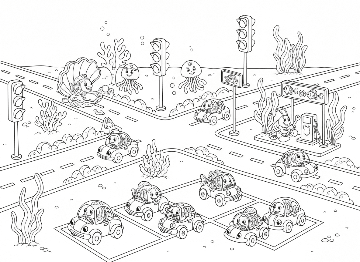 דגים נוהגים במכוניות על קרקעית הים - דגים נוהגים במכוניות זעירות צבעוניות על כבישי קרקעית, רמזורי אלמוגים, מדוזה כשוטרת תנועה, צדפה כעמדת אגרה, לובסטר מכונאי, תחנת דלק אצות, וחניון צדפים