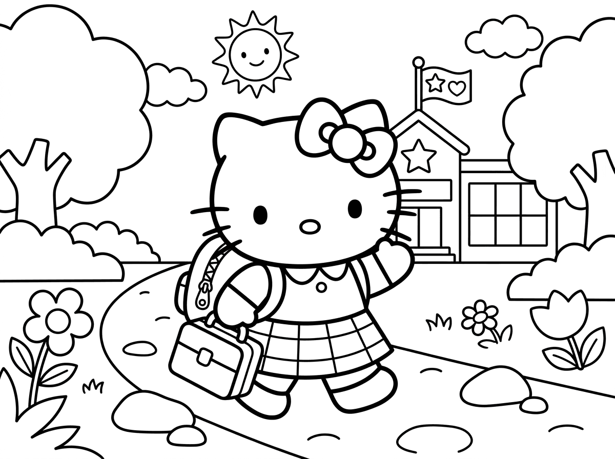 הלו קיטי הולכת בשביל עם תיק גב על הגב, מחזיקה קופסת אוכל ביד אחת ומנופפת ביד השנייה. לובשת מדים עם חצאית משובצת, ברקע בניין בית ספר עם דגל ועצים. סגנון בית ספר שמח עם פרטי לימודים.