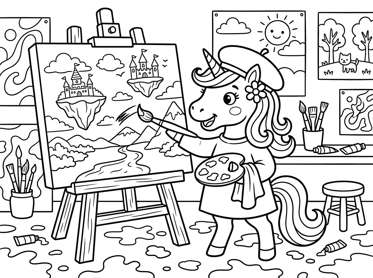 חד קרן עם כומתה צרפתית על ראשו עומד מול כן ציור גדול ומצייר בהשראה, מברשת ביד אחת ופלטה בשנייה. על הכן ציור של נוף פנטסטי עם טירות מעופפות, והרצפה סביבו מלאה בשפריצי צבע. ברקע סטודיו מלא השראה עם ציורים מוגמרים על הקירות, בסגנון בוהמייני.