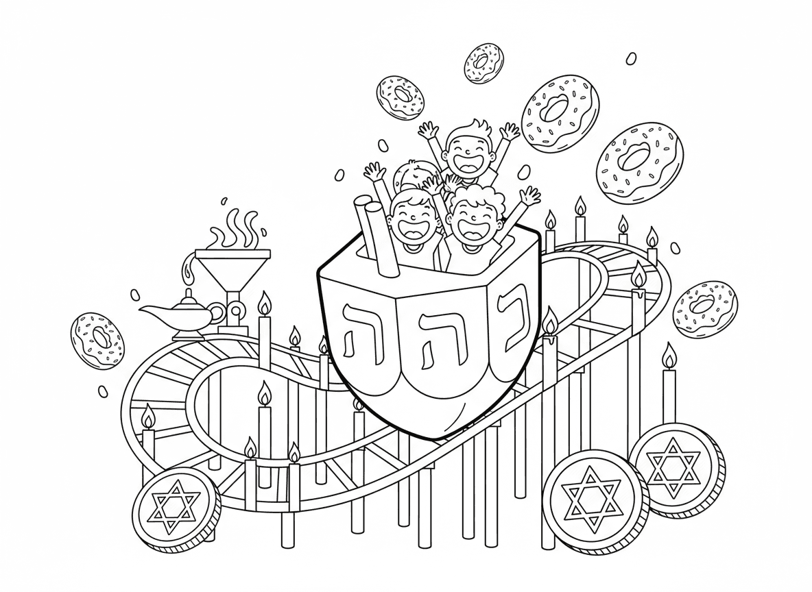 הרים רוסיים סביבון בחנוכה - סביבון ענק מסתובב כרכבת הרים, ילדים בפנים צורחים בשמחה, מסלול עשוי מנרות חנוכייה, סופגניות עפות לכל מקום, מטבעות שוקולד ככרטיסי נסיעה, ושמן כדלק לנסיעה