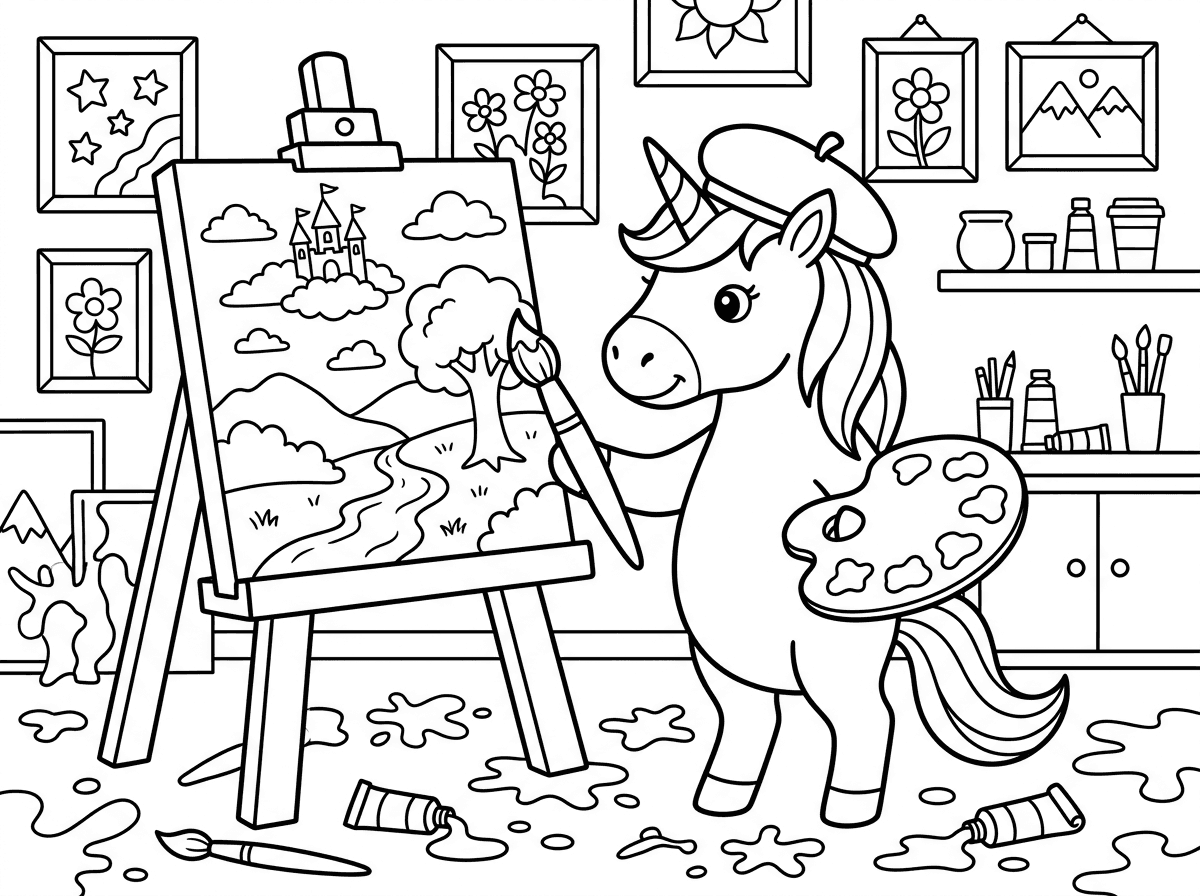 חד קרן עם כומתה צרפתית על ראשו עומד מול כן ציור גדול ומצייר בהשראה, מברשת ביד אחת ופלטה בשנייה. על הכן ציור של נוף פנטסטי עם טירות מעופפות, והרצפה סביבו מלאה בשפריצי צבע. ברקע סטודיו מלא השראה עם ציורים מוגמרים על הקירות, בסגנון בוהמייני.