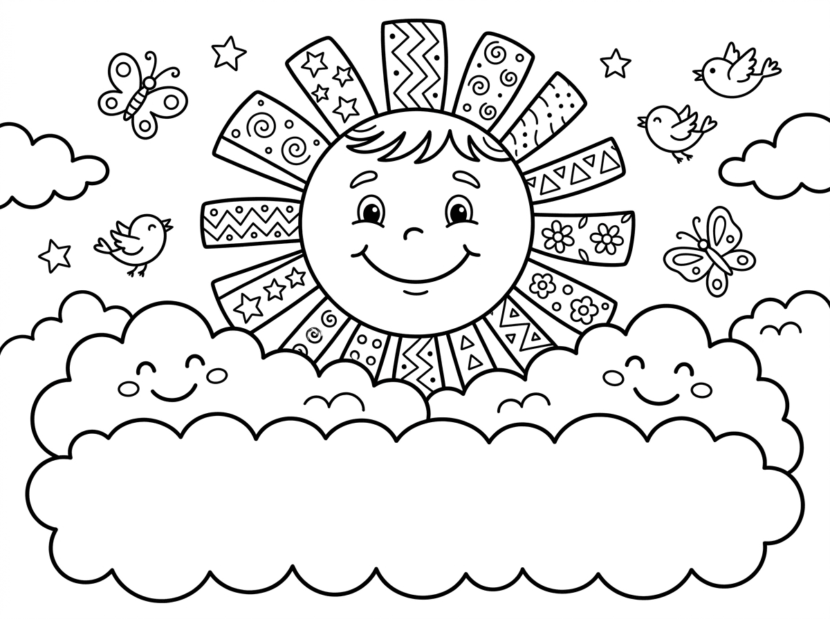שמש גדולה ומחייכת עם קרניים מקושטות בדוגמאות שונות ממלאה את חצי הדף העליון, ובחצי התחתון ענני פלומה יוצרים מסגרת סביב שטח כתיבה ריק. סביב השמש ציפורים עפות ופרפרים. סגנון שמח ומאיר.