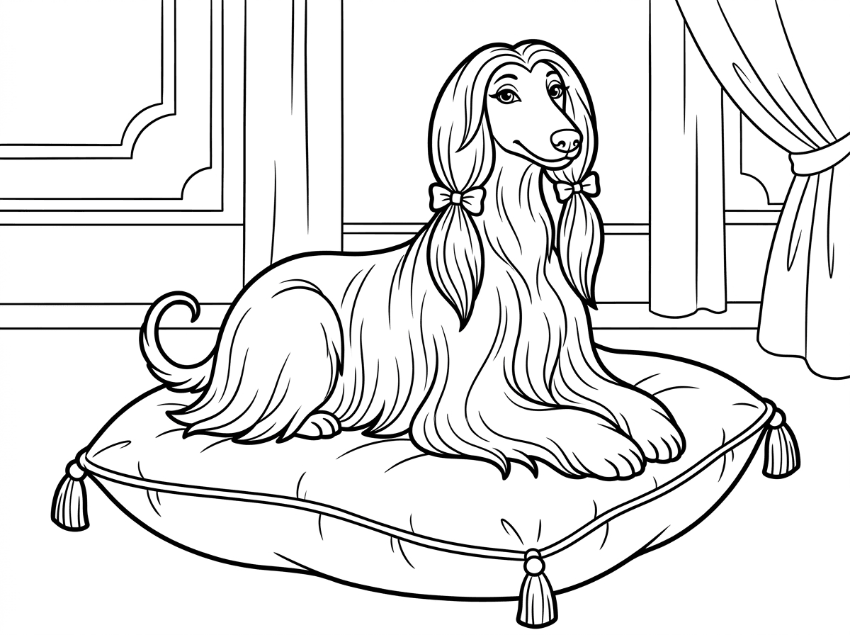 כלבה אלגנטית עם פרווה ארוכה וזורמת, יושבת בתנוחה מלכותית על כרית קטיפה. השיער שלה מסורק לשלמות עם סרטים קטנים, והמבט שלה גאה ומפנק. סגנון ציור מפורט עם דגש על טקסטורת הפרווה, רקע של חדר מעוצב עם וילונות.