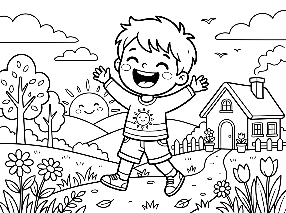 תכין לי ציור של בוקר נפלא עם ילד צוחק