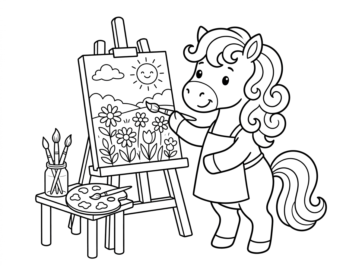 סוסון חמוד עומד ליד כן ציור ומחזיק מכחול בפרסתו, מצייר תמונה של שדה פרחים על הבד. על הרקע פלטת צבעים וצנצנת מכחולים. סגנון ציור מקסים וילדותי עם קווים נעימים, אווירה יצירתית ומשעשעת.