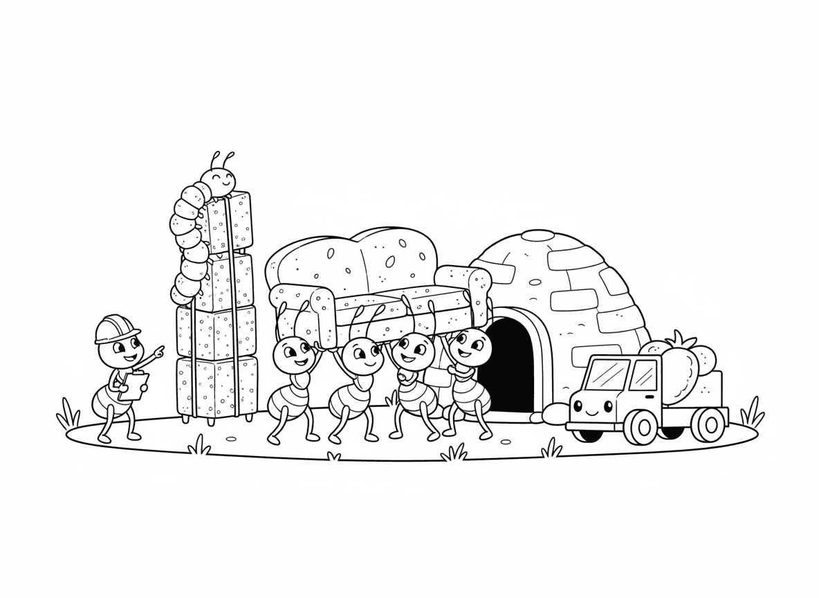 חברת הובלות של נמלים - נמלים נושאות רהיטים פי מאה מגודלן, נמלה מנהלת עם לוח, משאית הובלה זעירה, ספה מפירורי לחם, ארגזי קוביות סוכר, זחל כניילון בועות, ובית נמלים חדש