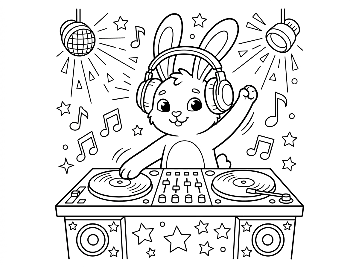 ארנב מגניב עומד מאחורי עמדת DJ עם פטיפונים ומיקסר, אוזניות ענקיות על אוזניו הארוכות. הוא מסובב תקליט ביד אחת ומרים את השנייה באוויר. סגנון קריקטורה מגניב ומודרני עם קווים דינמיים, תווי נגינה מרחפים, רקע של מסיבה עם אורות דיסקו.