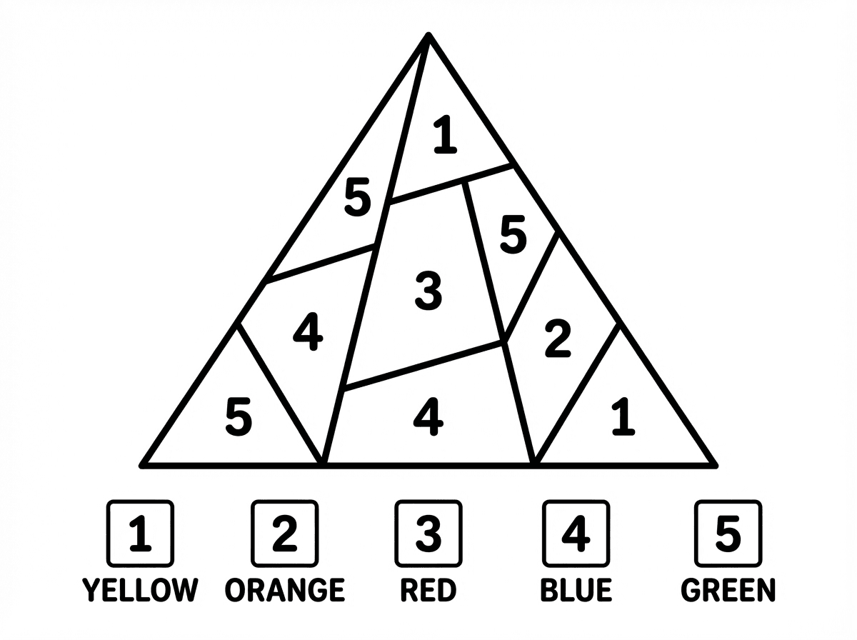 תיצור דף צביעה של פירמידה מחולקת לחלקים, ובכל חלק תכתוב מספר 1-5 ולמטה את המקרא של הצבעים, באיזה צבע לצבוע כל מספר