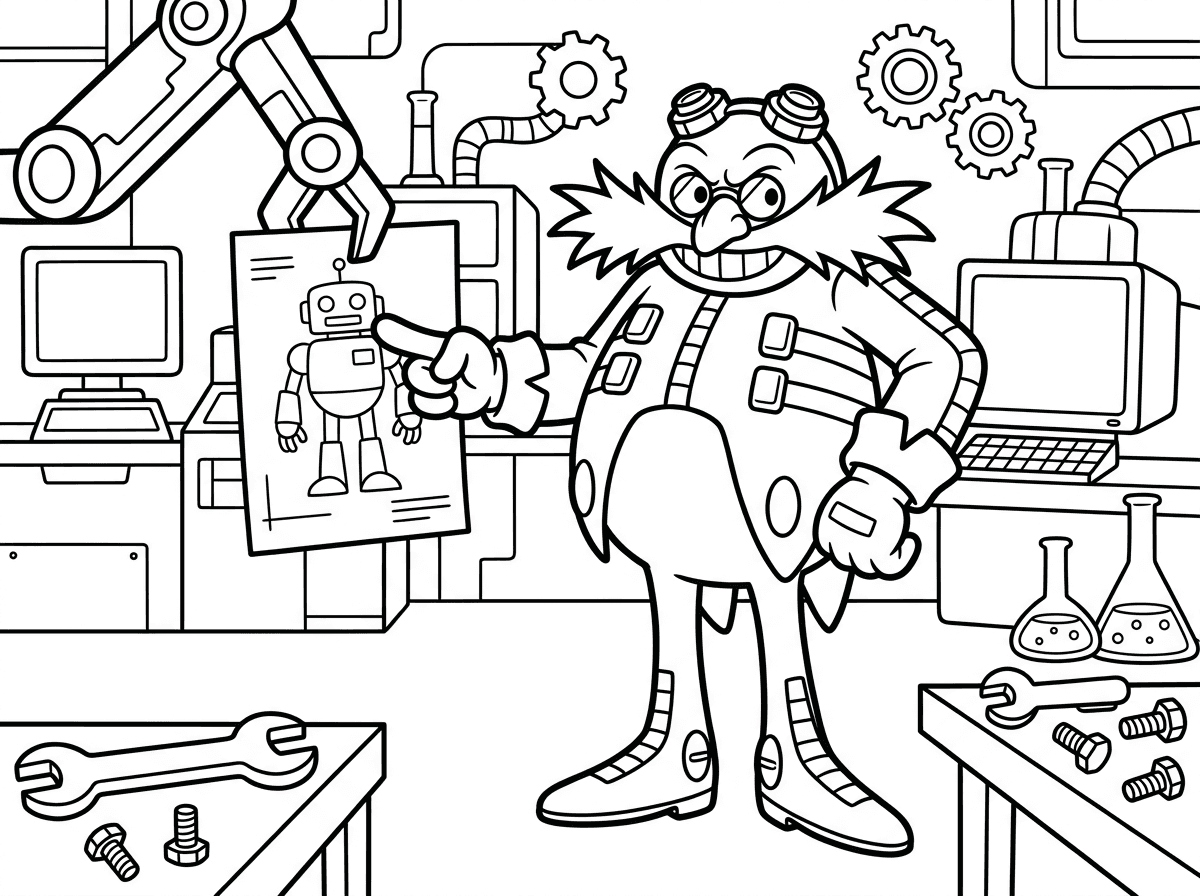 ד״ר אגמן (רובוטניק) עומד בתנוחה מאיימת עם שפם ענק מסולסל, משקפיים עגולות על הראש הקרח ובטן עגולה. הוא מחייך חיוך מרושע ומצביע על שרטוט של רובוט חדש, סביבו ברגים ומסכי מחשב במעבדתו החשוכה.