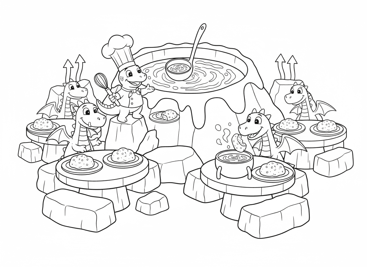 מסעדה בתוך הר געש - מסעדה בתוך הר געש, לבה כמרק, אבני בזלת כלחם, פתחי קיטור כמנדף מטבח, סלמנדרת אש כשף, דרקונים כלקוחות, צלחות אובסידיאן, ופונדו שוקולד ממגמה