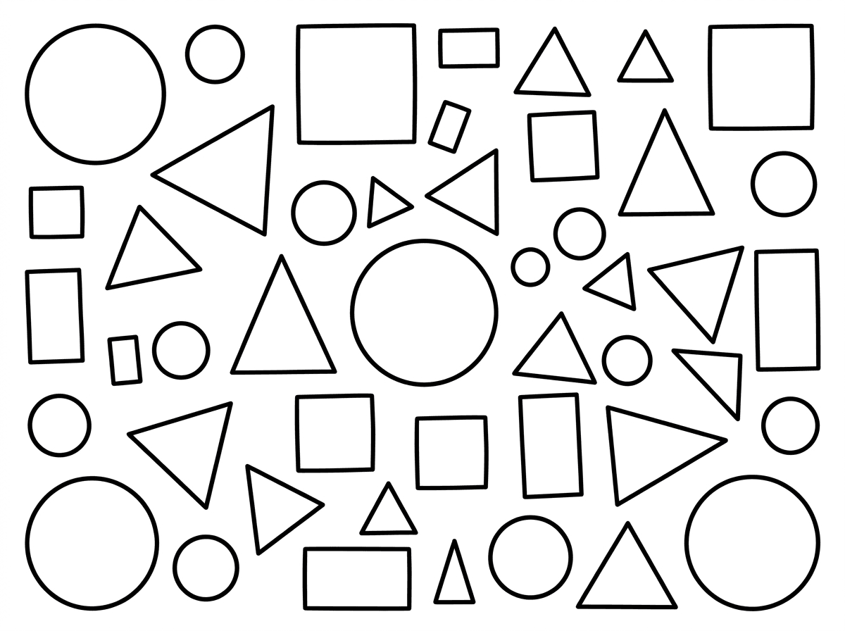 תכין לי דף צביעה עם הצורות: מלבן ריבוע משולש עיגול בתפזורת