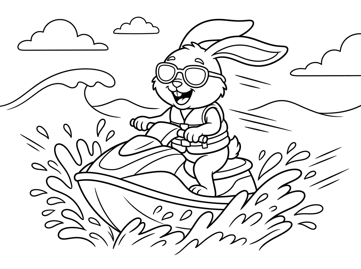 ארנב הרפתקן רוכב על אופנוע ים ומתפוצץ דרך הגלים, מים מתיזים לכל עבר. הוא לובש אפוד הצלה ומשקפי שמש, והביטוי שלו נלהב ומלא אדרנלין. סגנון קריקטורה אקשן עם קווי מהירות והתזות מים, רקע של ים ושמיים.