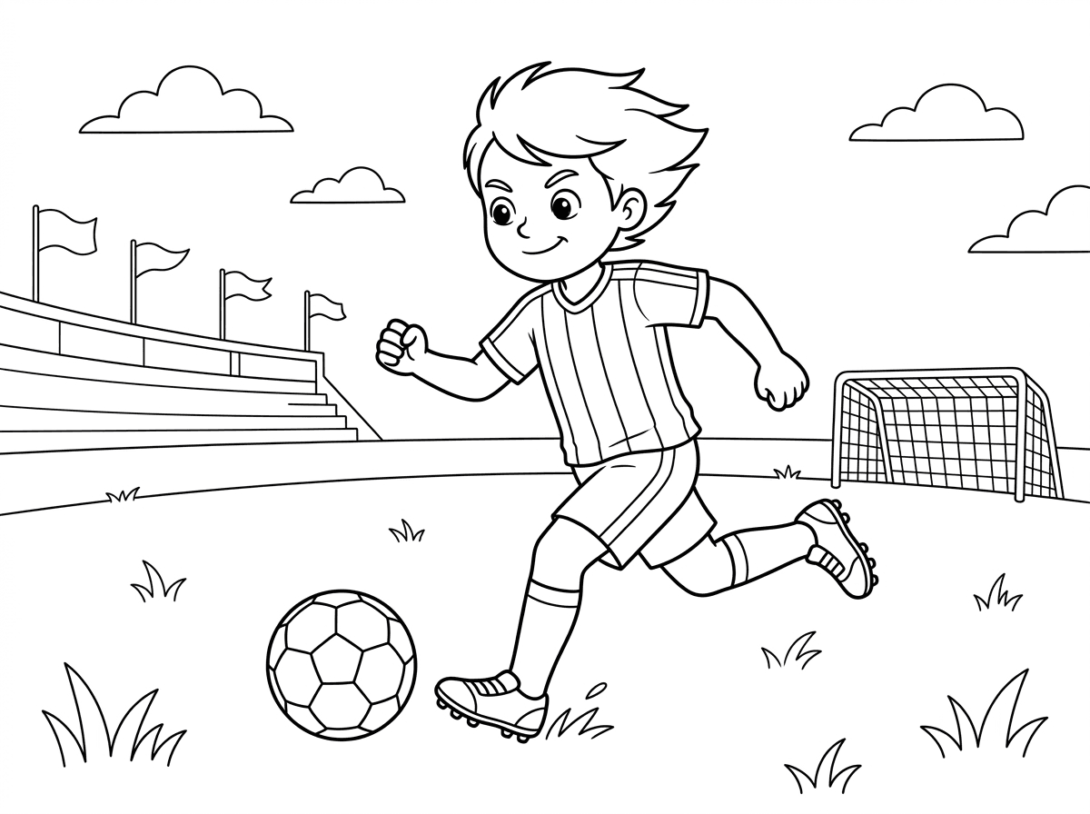 ילד קטן וחמוד בתלבושת כדורגל מלאה עם גרביים גבוהים ונעלי כדורגל רץ במהירות על מגרש דשא, רגלו האחורית מורמת מוכנה לבעיטה חזקה בכדור שלפניו. הבעת פניו נחושה ומרוכזת, שיערו מתנופף ברוח. ברקע שער כדורגל ויציע עם דגלים.
