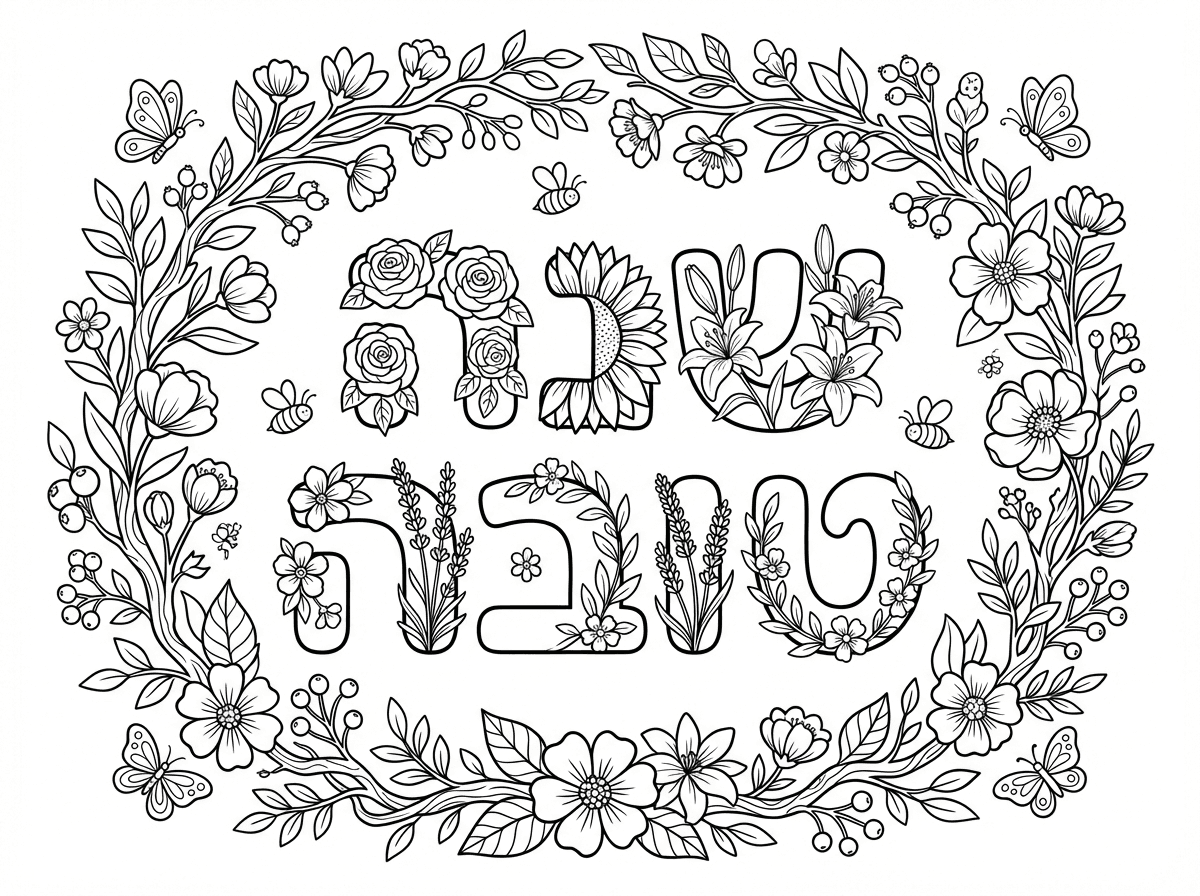 כיתוב ""שנה טובה"" באותיות גדולות ומעוגלות, כל אות מעוצבת כפרח שונה: ורד, חמנייה, שושנה ולוונדר. מסביב זרי פרחים, פרפרים, ועלים יוצרים מסגרת בוטנית מרהיבה. סגנון פרחוני עדין ומקסים עם פרטים רבים.