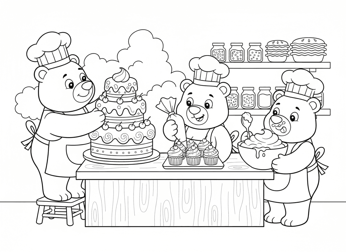 קונדיטוריה של דובים
דובים אופים עוגות קומותיים, מקשטים קאפקייקס ומלקקים קצפת בסתר.