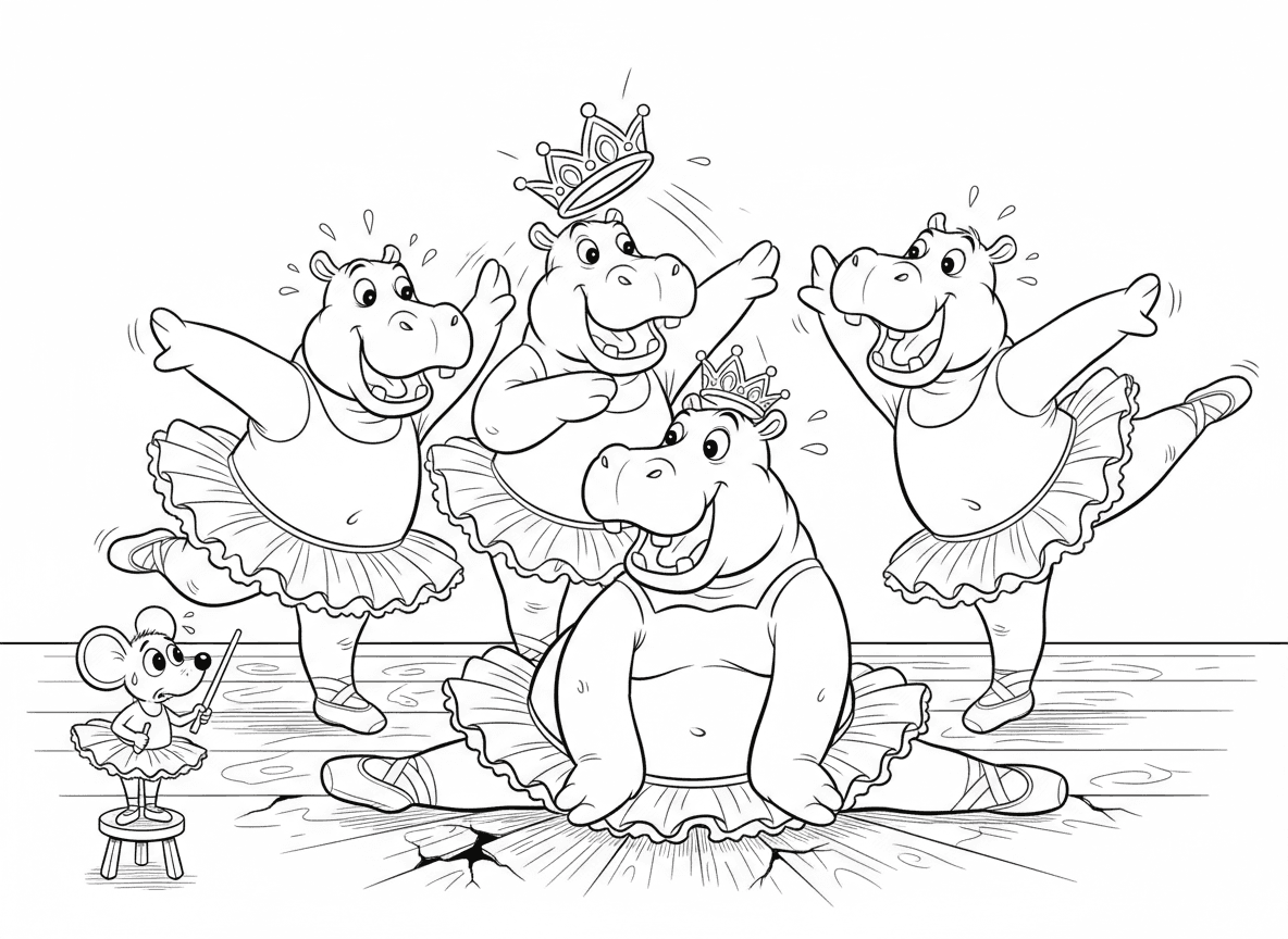 שיעור בלט של היפופוטמים - היפופוטמים בחצאיות טוטו מנסים תנועות בלט חינניות, נעלי בלט זעירות על כפות רגל ענקיות, רצפת עץ נסדקת, עכבר מורה לבלט נראה מודאג, היפו עושה שפגט ונתקע, וכתר נופל