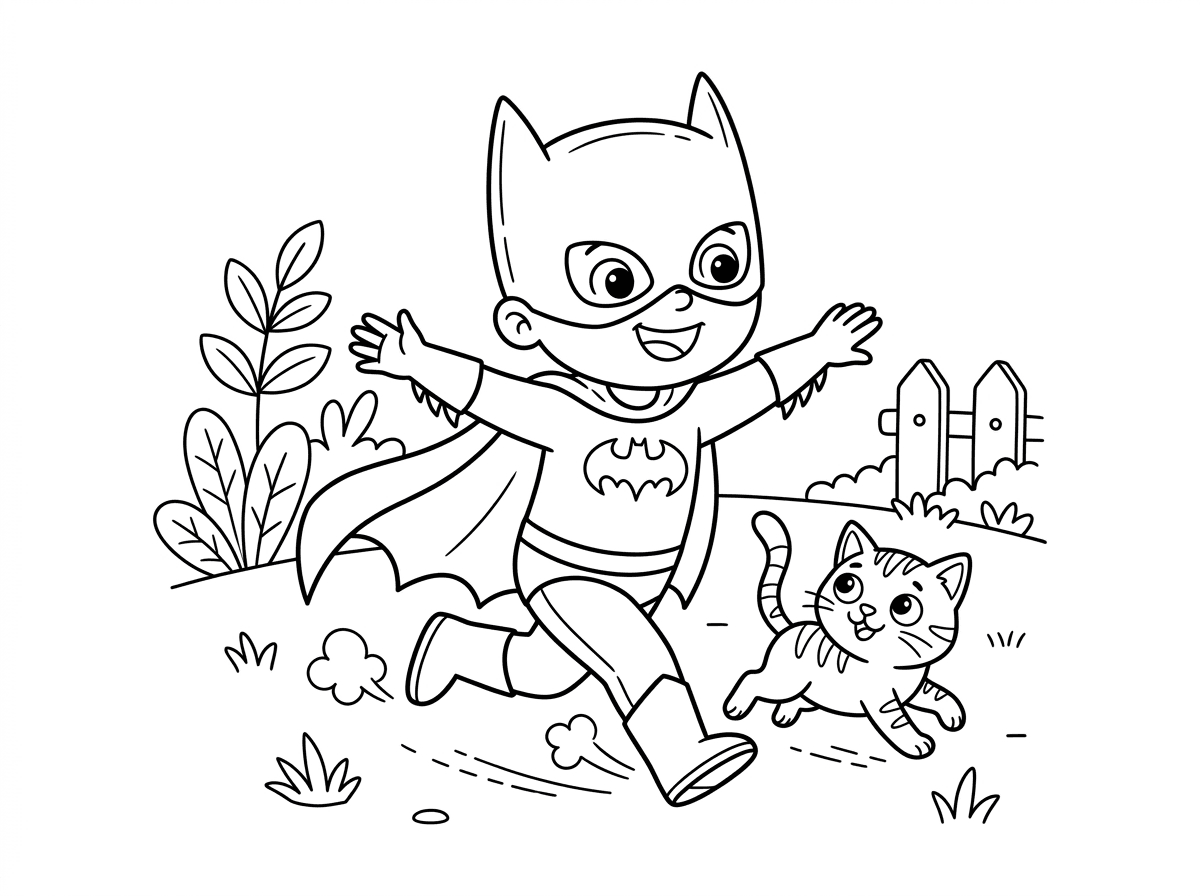 ילד קטן לבוש בתחפושת באטמן גדולה עליו, הגלימה נגררת על הרצפה והמסיכה מעט גדולה על הפנים. הוא רץ בשמחה בחצר הבית עם ידיים פרושות כאילו הוא עף, עם חתול קטן שרודף אחריו בסקרנות.
