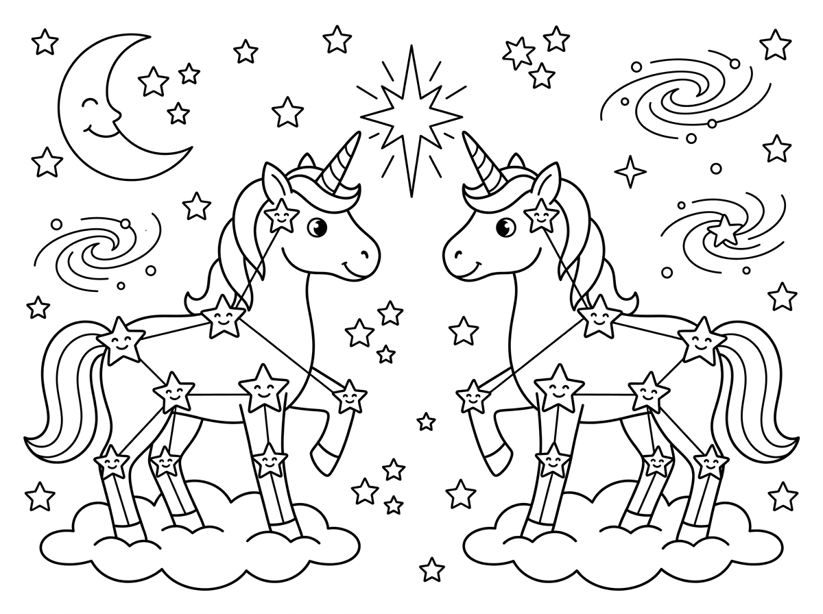 שני חדי קרן מצוירים כקונסטלציות כוכבים בשמי הלילה, גופותיהם מורכבות מנקודות כוכבים מחוברות בקווים דקים. הם ניצבים זה מול זה כמראה, ובין קרנותיהם כוכב גדול ובוהק. ברקע שמיים חשוכים עמוסי כוכבים, ירח מלא וערפילית, בסגנון אסטרונומי קסום.