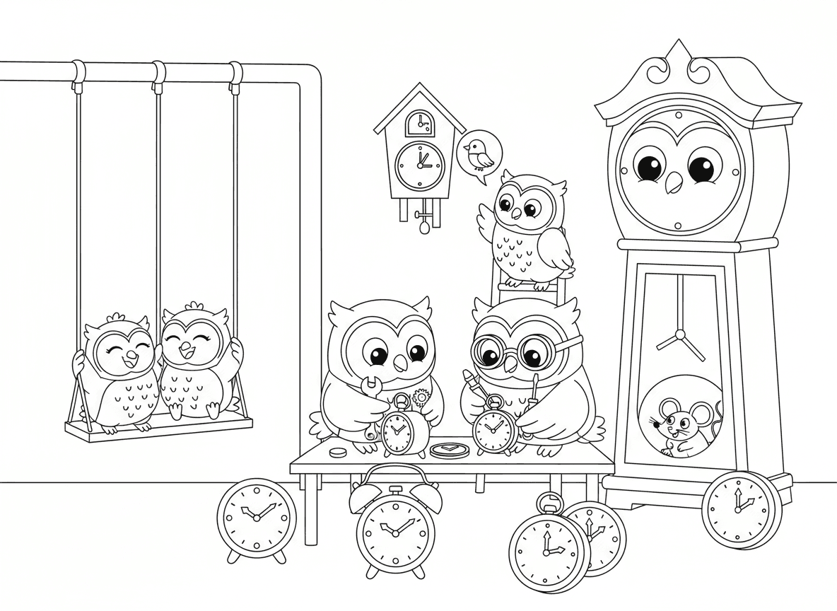 מעבדת שעונים של ינשופים - ינשופים חכמים מתקנים שעונים בכל הגדלים עם כלים זעירים, ציפור קוקיה משוחחת עם ינשוף, שעון סבא כזקן החנות, עכבר גר בתוך שעון, ומטוטלת כנדנדה