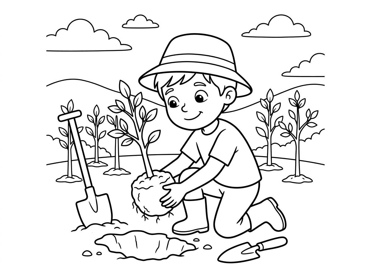 ילד קטן עם כובע שמש ומגפי גומי מחזיק בזהירות שתיל עץ קטן עם גוש אדמה על שורשיו, מביט עליו בגאווה ואהבה. לצידו את חפירה וכלי גינון, ומאחוריו שורה של עצים שנטע. ברקע גבעות ושמיים. סגנון ילדותי חם עם דגש על הקשר בין הילד לטבע.