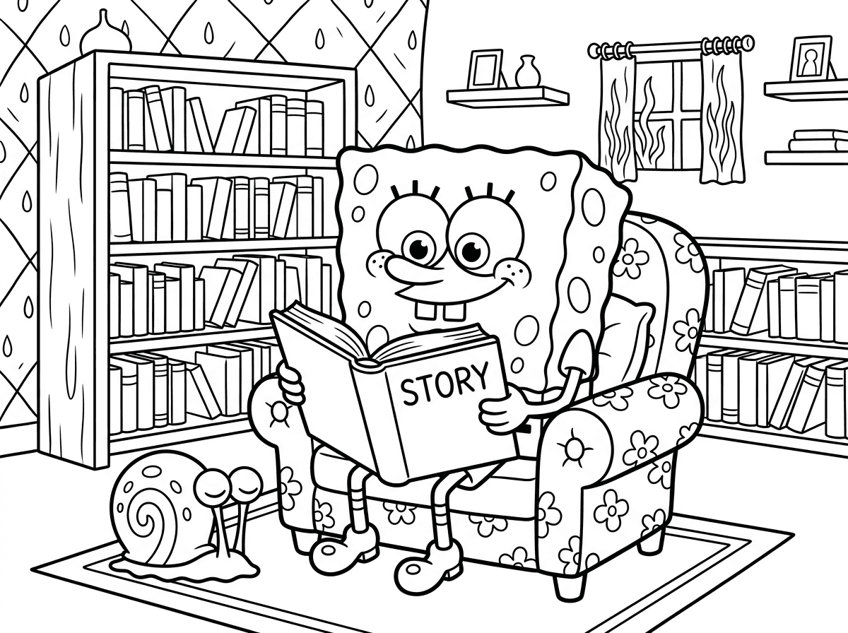 בוב ספוג יושב בכורסה נוחה ומחזיק ספר גדול פתוח, עם משקפי קריאה על האף ועיניים סקרניות. הוא נמצא בסלון הבית שלו באננס עם מדפי ספרים ברקע, גרי החילזון ישן ליד רגליו של בוב ספוג.