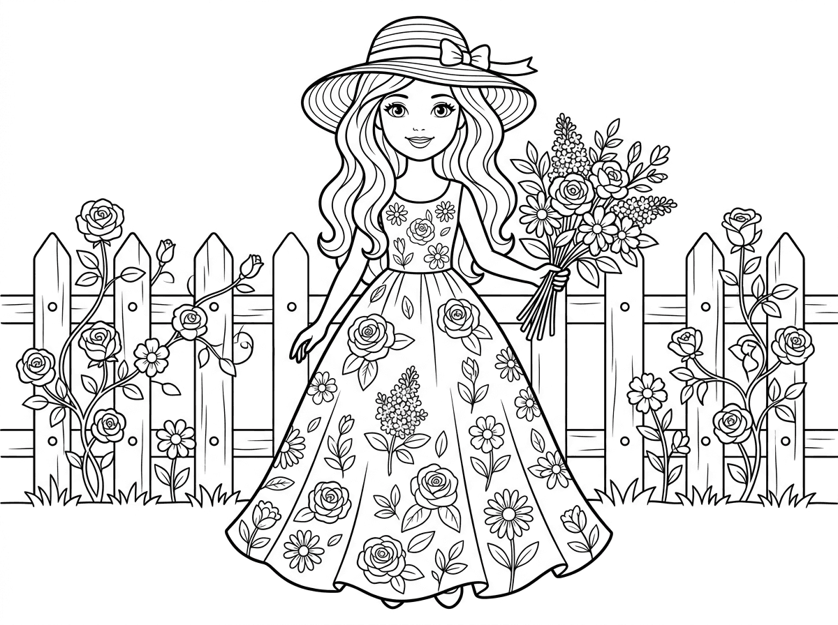 ברבי עומדת בגינה ולובשת שמלה ארוכה מכוסה בפרחים מצוירים מגוונים: ורדים, לילך, חרציות ועלים. מחזיקה זר פרחים טריים ביד, כובע קש עם סרט. ברקע גדר עץ עם ורדים מטפסים בסגנון כפרי רומנטי.