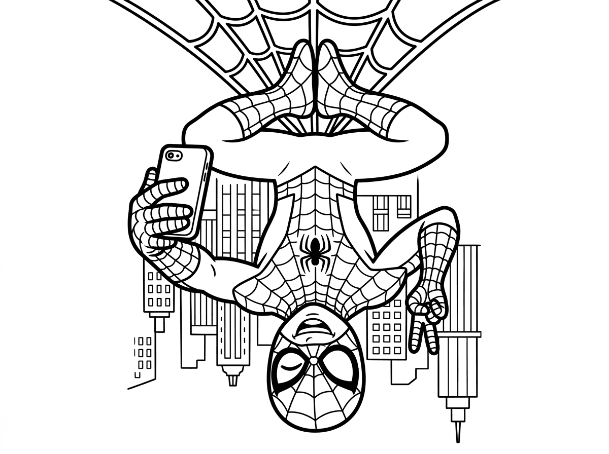 ספיידרמן מחזיק טלפון סלולרי ביד מושטת ומצלם סלפי תוך כדי תלייה הפוכה מקור עכביש. הוא עושה תנועת שלום עם היד השנייה, ברקע נוף עירוני הפוך, חיוך רחב ניכר מתחת למסיכה ועיני המסיכה עושות קריצה.