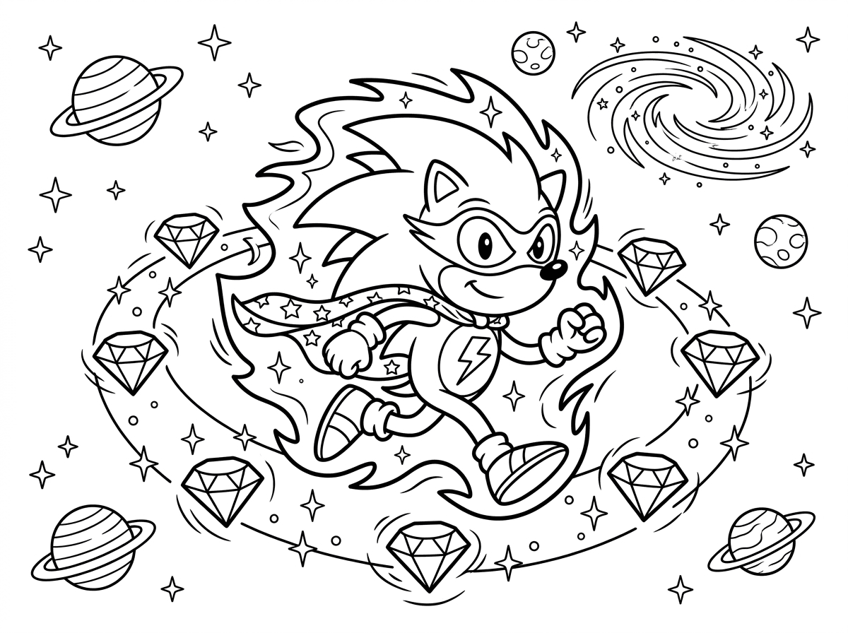 סוניק מרחף בחלל החיצון מוקף בכוכבים ופלנטות, גופו עטוף בהילה של אנרגיה. הוא רץ על שביל של אור כוכבי, אמרלדים הכאוס שבעת מסתובבים סביבו ומנצנצים, על רקע גלקסיה מסתחררת ויפהפייה.