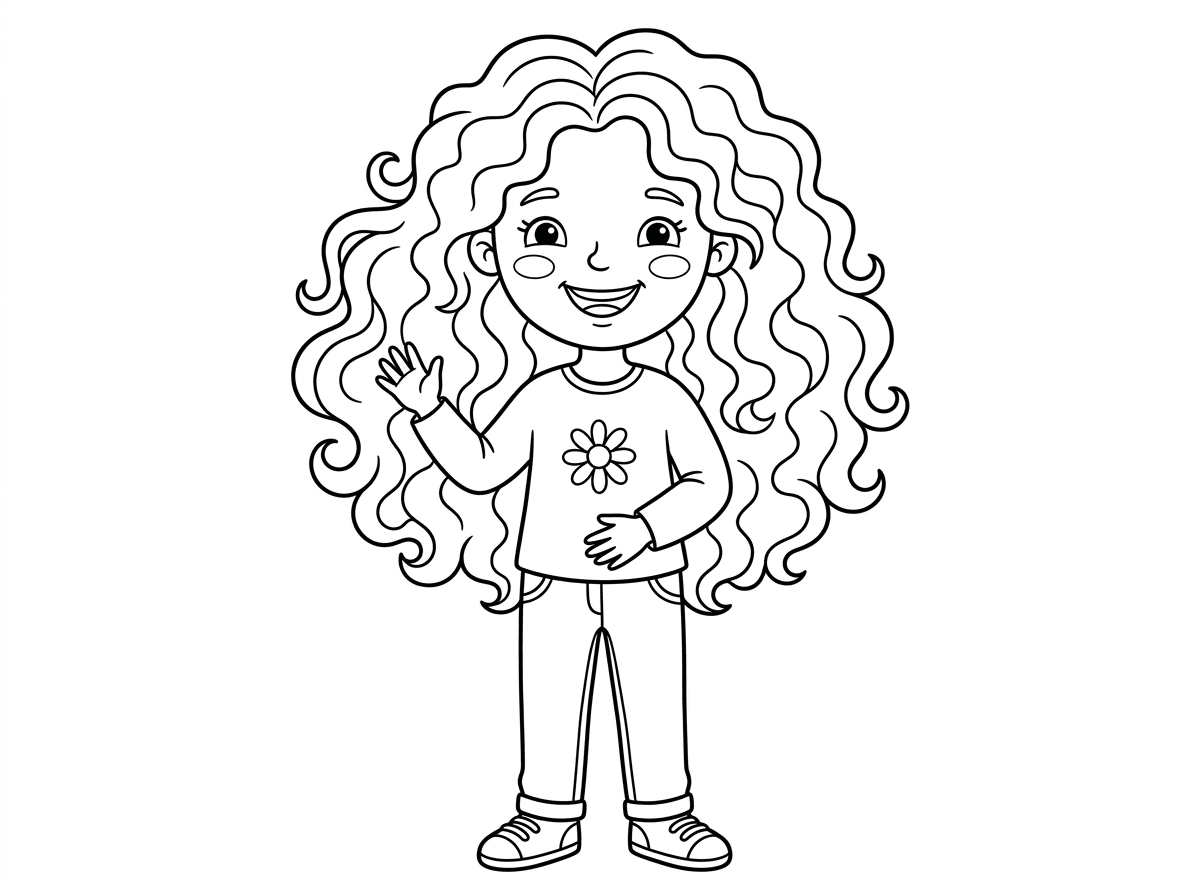 תיצור לי דף צביעה עם ילדה גדולה יפה עם שער פזור תלתלים