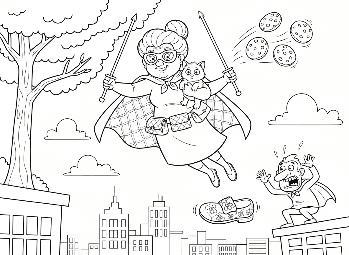 סבתא גיבורת על - סבתא עם גלימה ומסכה עפה מעל העיר, משתמשת במסרגות ככלי נשק, ארנק כחגורת שירות, זורקת עוגיות ככוכבי נינג׳ה, מצילה חתלתול מעץ, ורשע מפחד מהנעל שלה