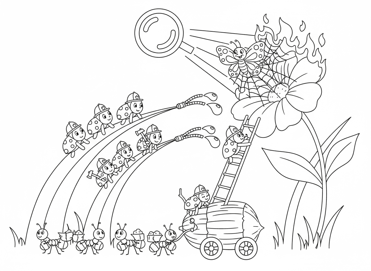 מחלקת כיבוי של חיפושיות - חיפושיות כבאיות מחליקות על גבעולי דשא, מכבית אש מבלוט, צינורות מים מטיפות טל, פרפר נלכד ברשת עכביש מוצל, פינוי נמלים, ופרח בוער משמש דרך זכוכית מגדלת