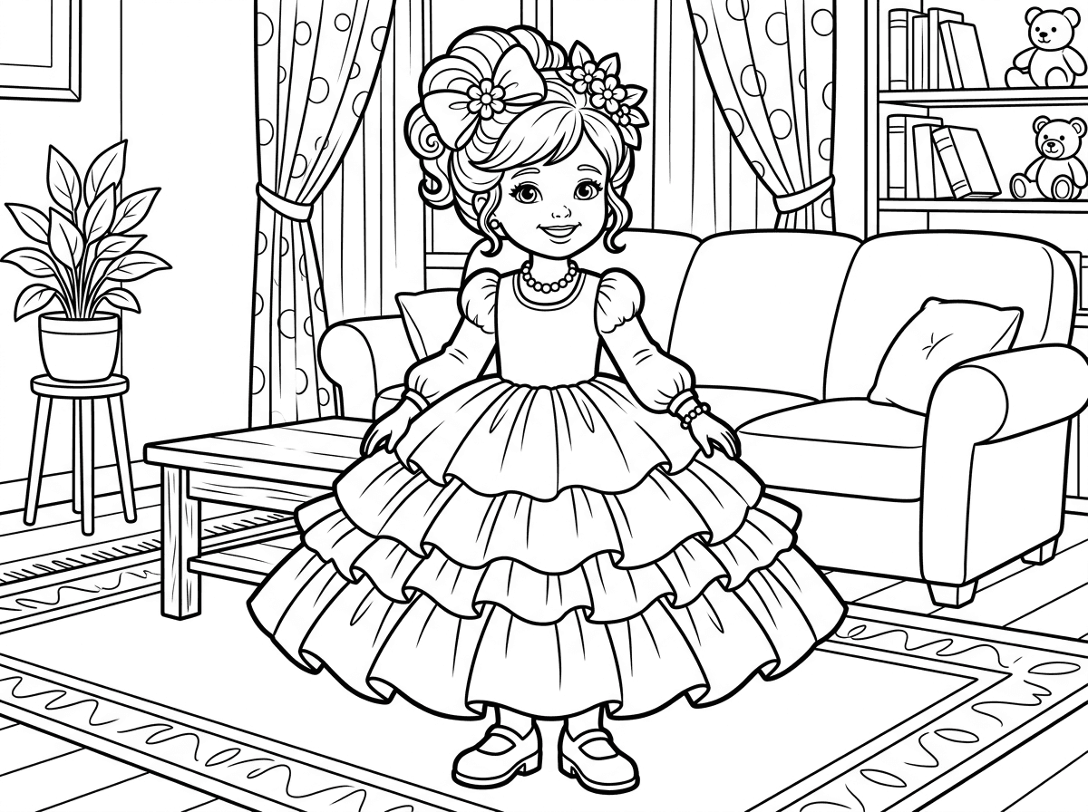 הרקע בבית, אבל עוד פעם אני רוצה שהשמלה תהיה נפוחה, כאילו היא ילדה בחתונה של עצמה. שמלה נפוחה נפוחה נפוחה, שמלה צנועה, נעלי עקב שמתאימות לגיל שלה, תסרוקת בשיער יפה ומושקעת, תכשיטים ואביזר שיער.