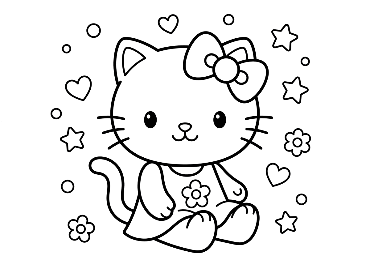 הלו קיטי בפוזה חמודה קלאסית, יושבת עם ידיים על הברכיים וסרט גדול על האוזן, מוקפת בלבבות וכוכבים קטנים. שמלה פשוטה עם פרח, הבעת פנים תמימה ומתוקה. רקע פשוט עם עיגולים ופרחים בסגנון קוואי מינימליסטי.