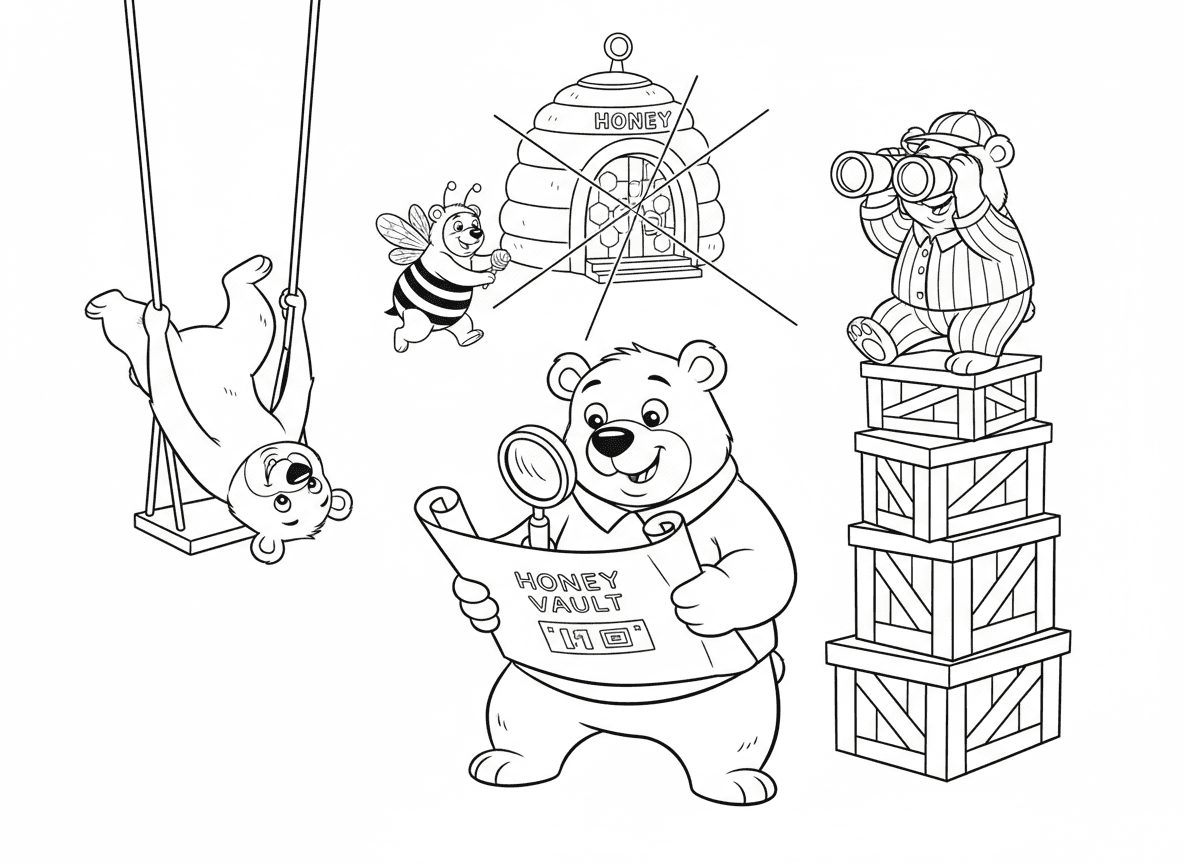 סרט שוד דבש של דובים - דובים מתכננים שוד על כספת דבש של דבורים, דוב אחד לומד תוכניות, אחר מתרגל אקרובטיקה, דוב תצפית עם משקפת, דוב מחופש לדבורה, וכספת דבש עם אבטחת לייזר