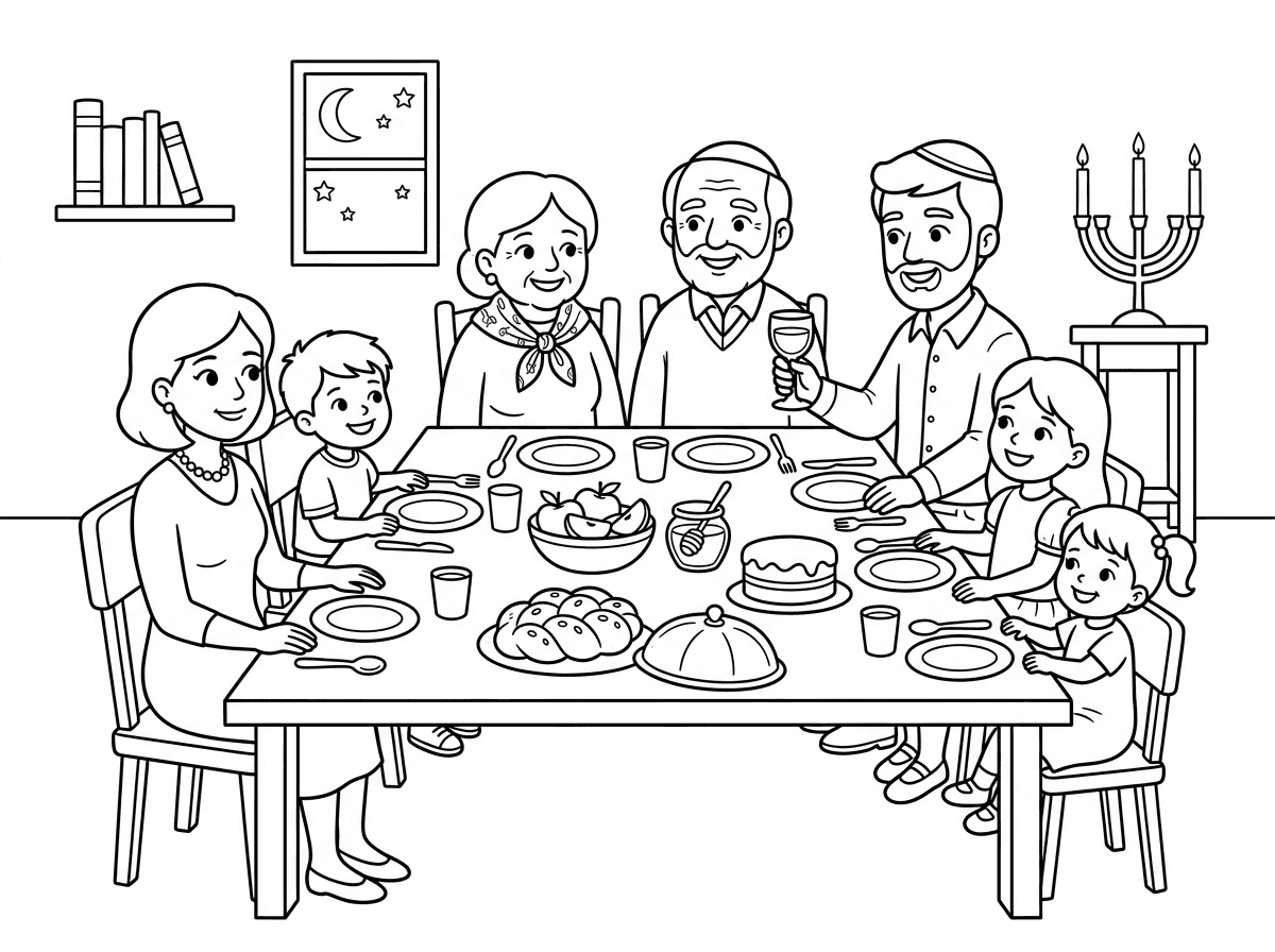 משפחה רב דורית יושבת סביב שולחן חג ראש השנה: סבא וסבתא בראש, הורים בצדדים, וילדים בגילאים שונים. כולם לבושים בבגדי חג, אבא מקדש על היין, השולחן ערוך בכלים יפים עם כל מאכלי החג. אווירה חמה של מסורת. סגנון משפחתי חם.