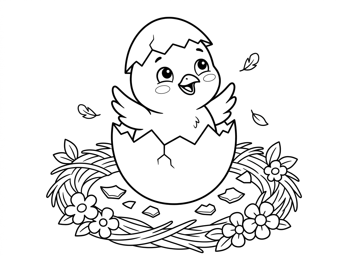 אפרוח וחמוד בוקע מביצה סדוקה, ראשו מציץ עם קליפת ביצה על הראש כמו כובע ופרצופו מראה הפתעה ושמחה. סביבו חלקי קליפה שבורים ונוצות קטנות מרחפות. ברקע קן חם עם קש ופרחים.