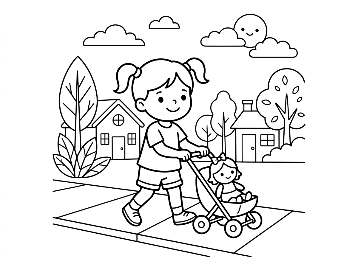 צור לי דף צביעה של ילדה קטנה הולכת ברחוב עם עגלה