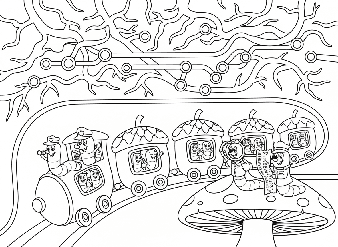 מערכת רכבת תחתית של תולעים - תולעים נוסעות במנהרות תת-קרקעיות בקרונות בלוט, חפרפרת כבודק כרטיסים, תולעת אדמה כנהג, תחנות פטריות, רשת שורשים כמפת רכבת, ונוסעי חיפושיות
