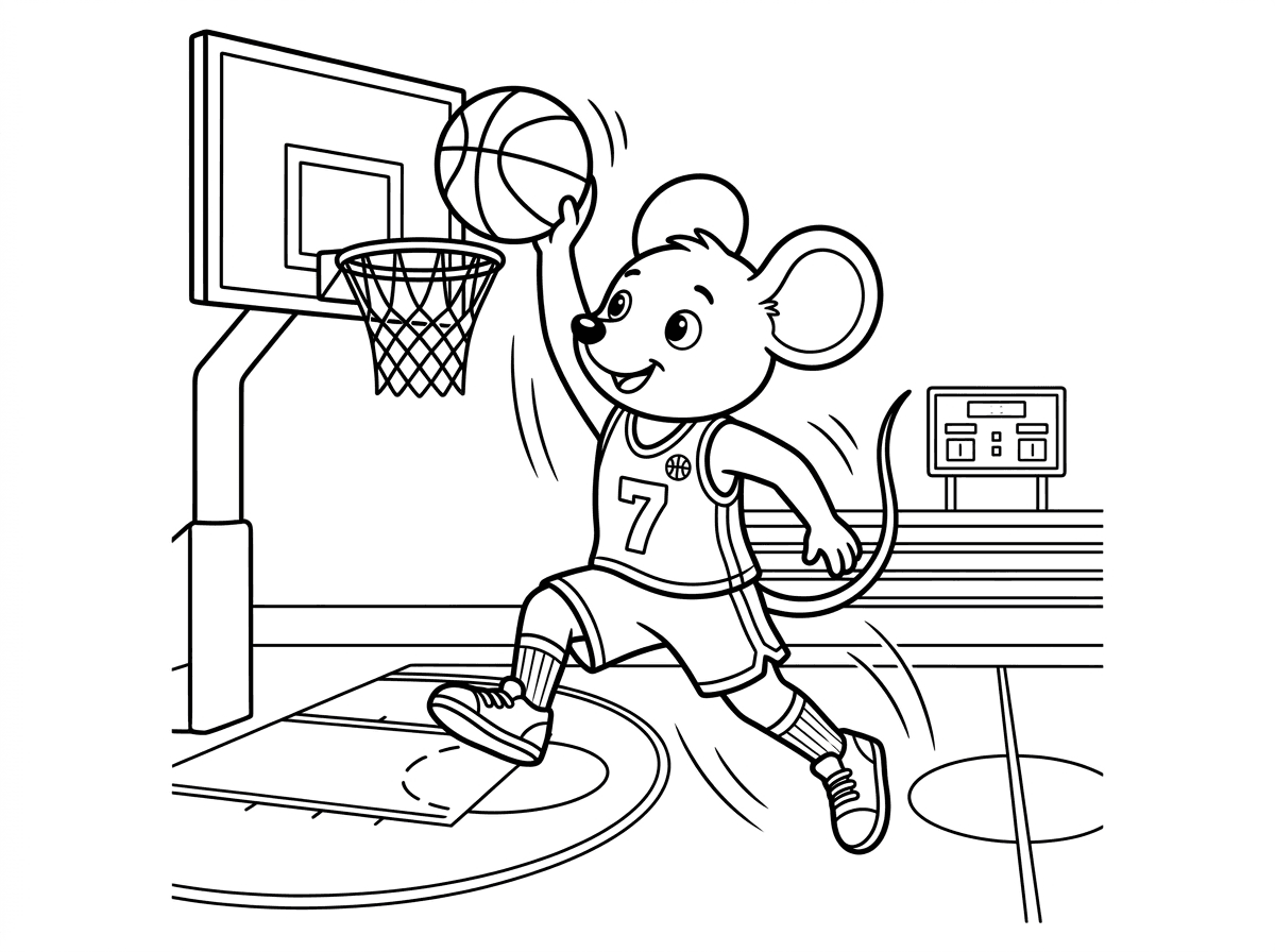 מיקי מאוס קופץ גבוה לטבעת הכדורסל עם כדור ביד אחת, מוכן לטבול את הכדור בסלסלה, לבוש במדי כדורסל עם מספר. ברקע מגרש כדורסל עם קווים, יציעים ולוח תוצאות. סגנון ספורטיבי דינמי עם קווי תנועה.