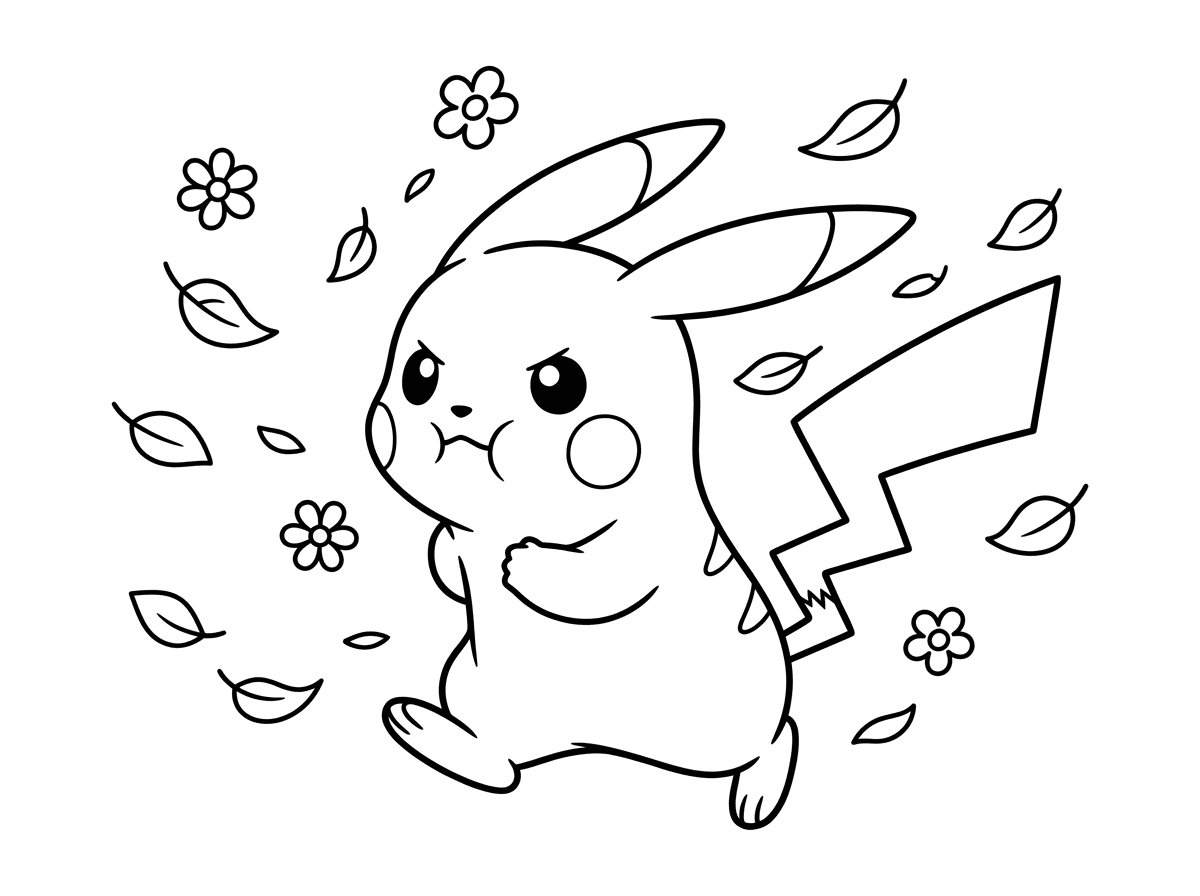 פיקאצ׳ו עומד ברוח חזקה שמנפנפת את אוזניו הארוכות לאחור וזנבו בצורת ברק מתנופף. לחייו מתנפחות מהרוח, הוא מנסה להתקדם קדימה עם הבעת נחישות חמודה, עלים ופרחים מתעופפים סביבו.